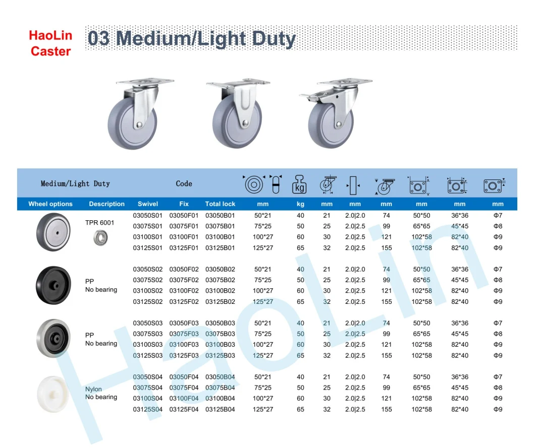 40kg - 65kg Loading Capacity Light Medium Duty Castor for Tool Box Trolley